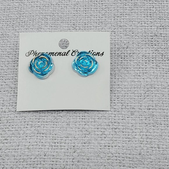 Women's Turquoise Gold Round Postback Floral Hypoallergenic Handmade Earrings - Picture 1 of 1